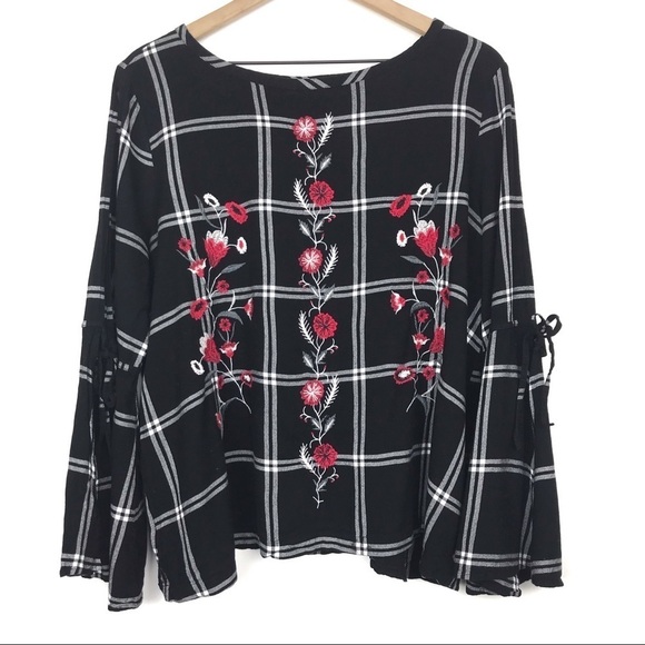 LOFT Floral Embroidered Tie Bell Sleeve Plaid Top M - Picture 8 of 9